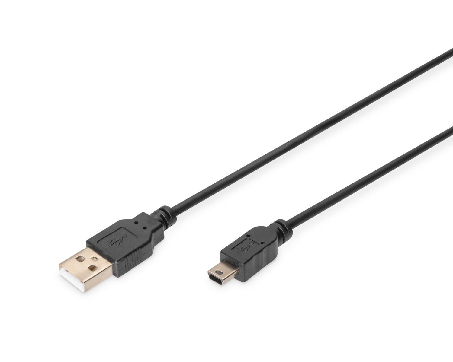 Een zwarte USB-kabel met standaard USB-A en mini USB connectoren.