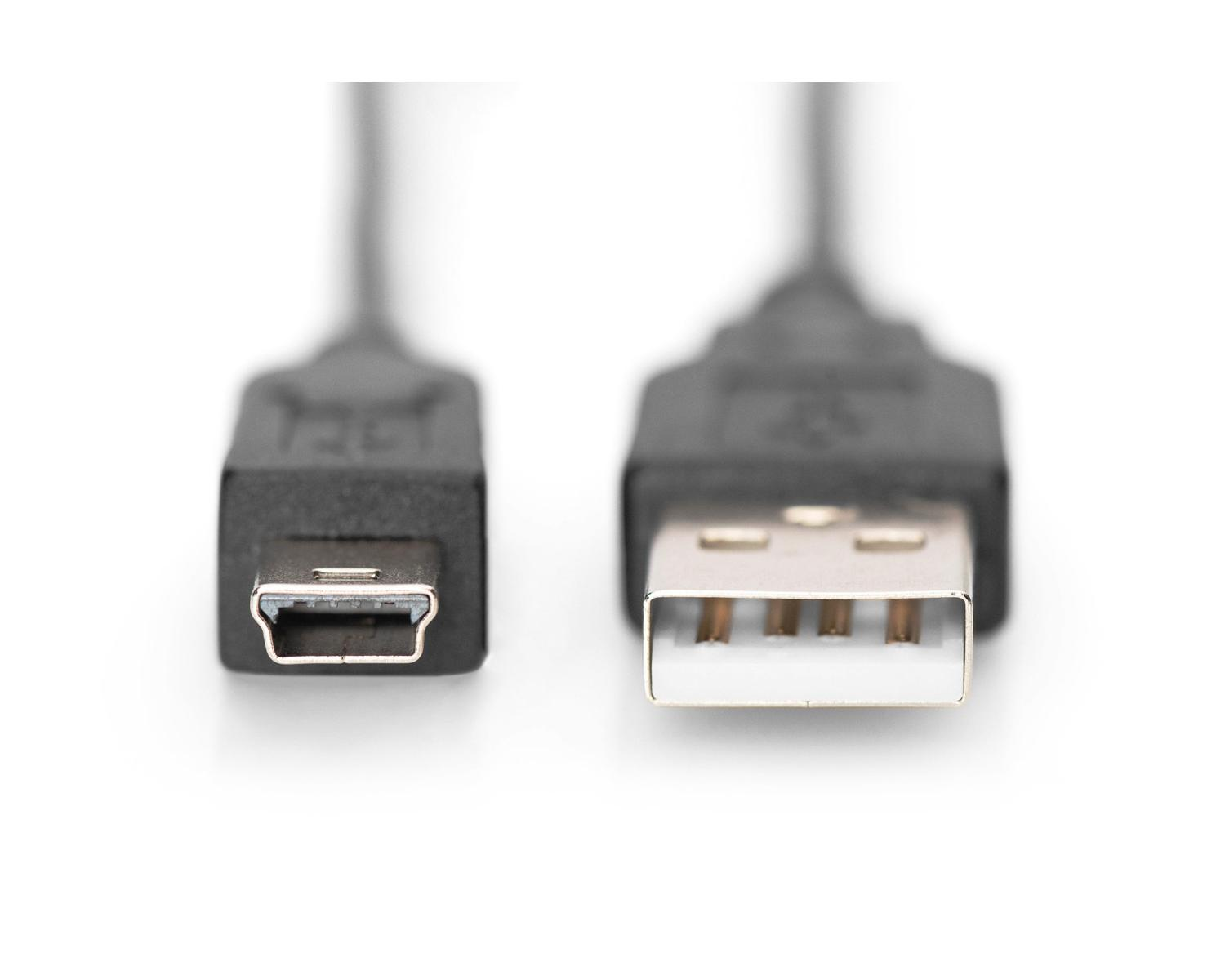 Een USB Mini-B connector links en een USB-A connector rechts op wit.