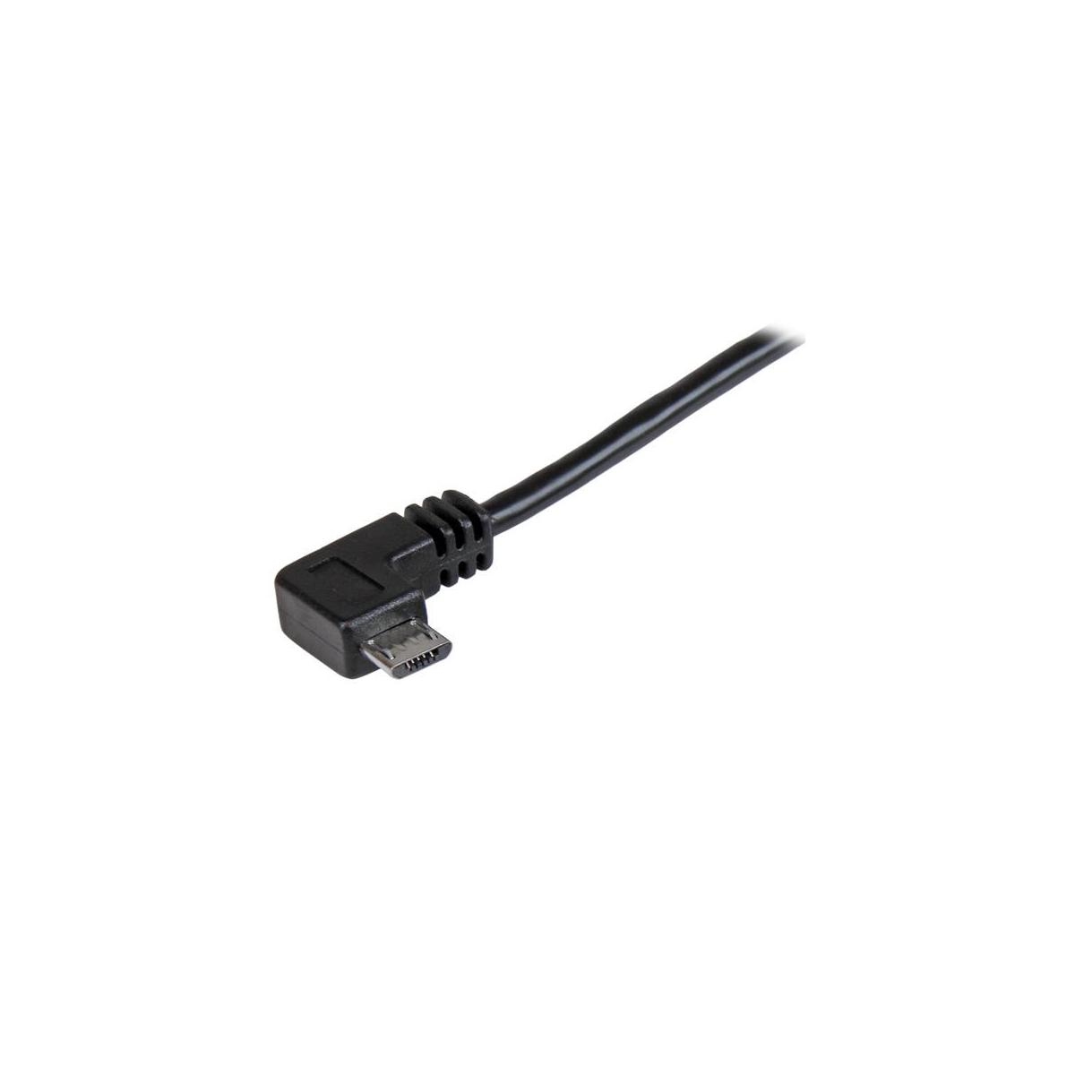 Un cavo micro USB nero con connettore ad angolo retto.