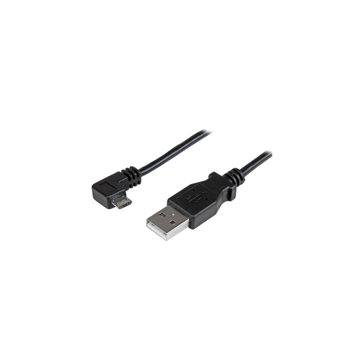 Un cavo USB nero con connettore Micro-USB angolato e connettore USB-A.