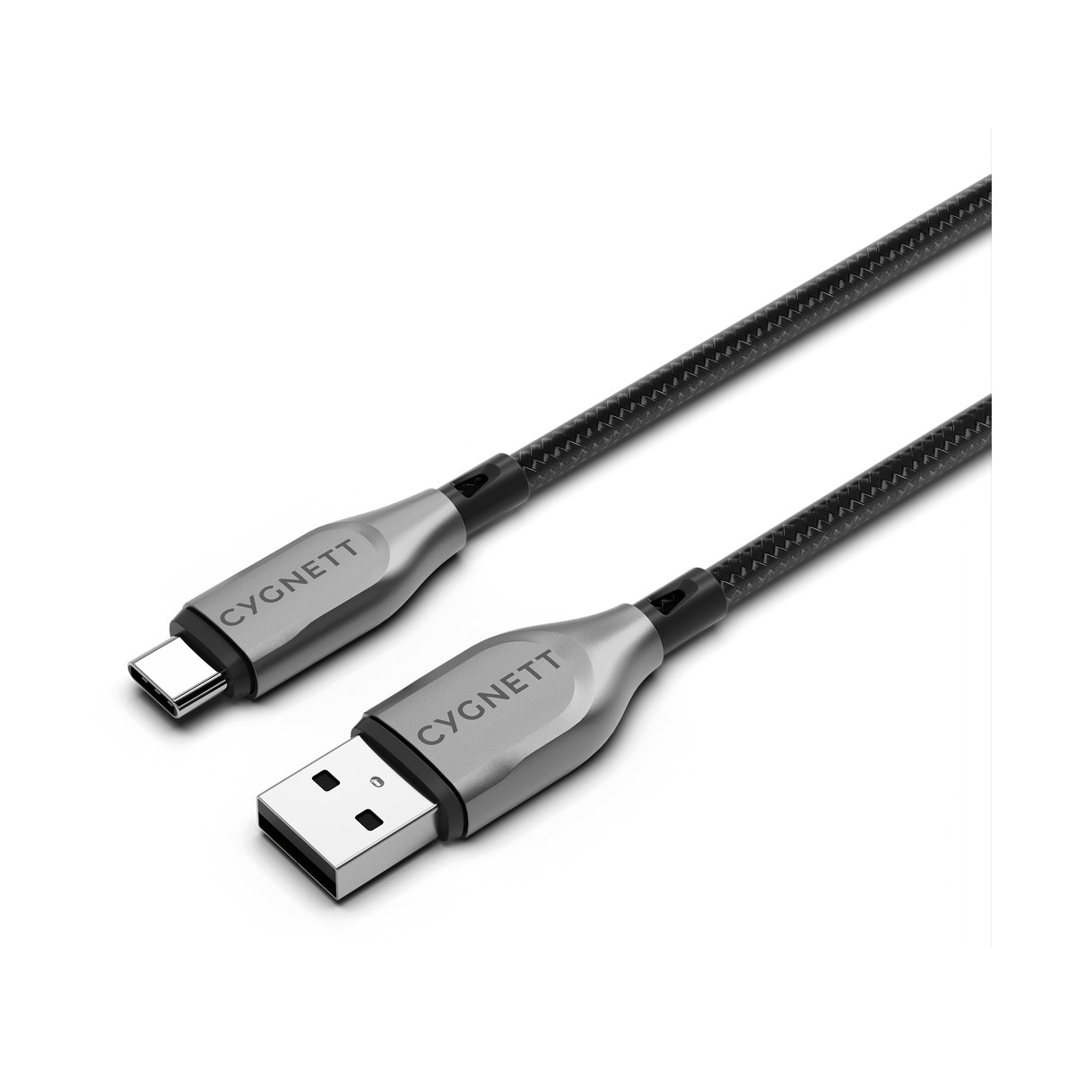 Un cavo nero Cygnett da USB-C a USB-A con connettori grigi.