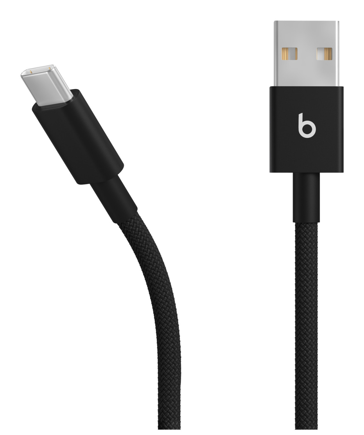 Ein schwarzes USB-C-Kabel mit einem USB-A-Anschluss und einem "b"-Logo.