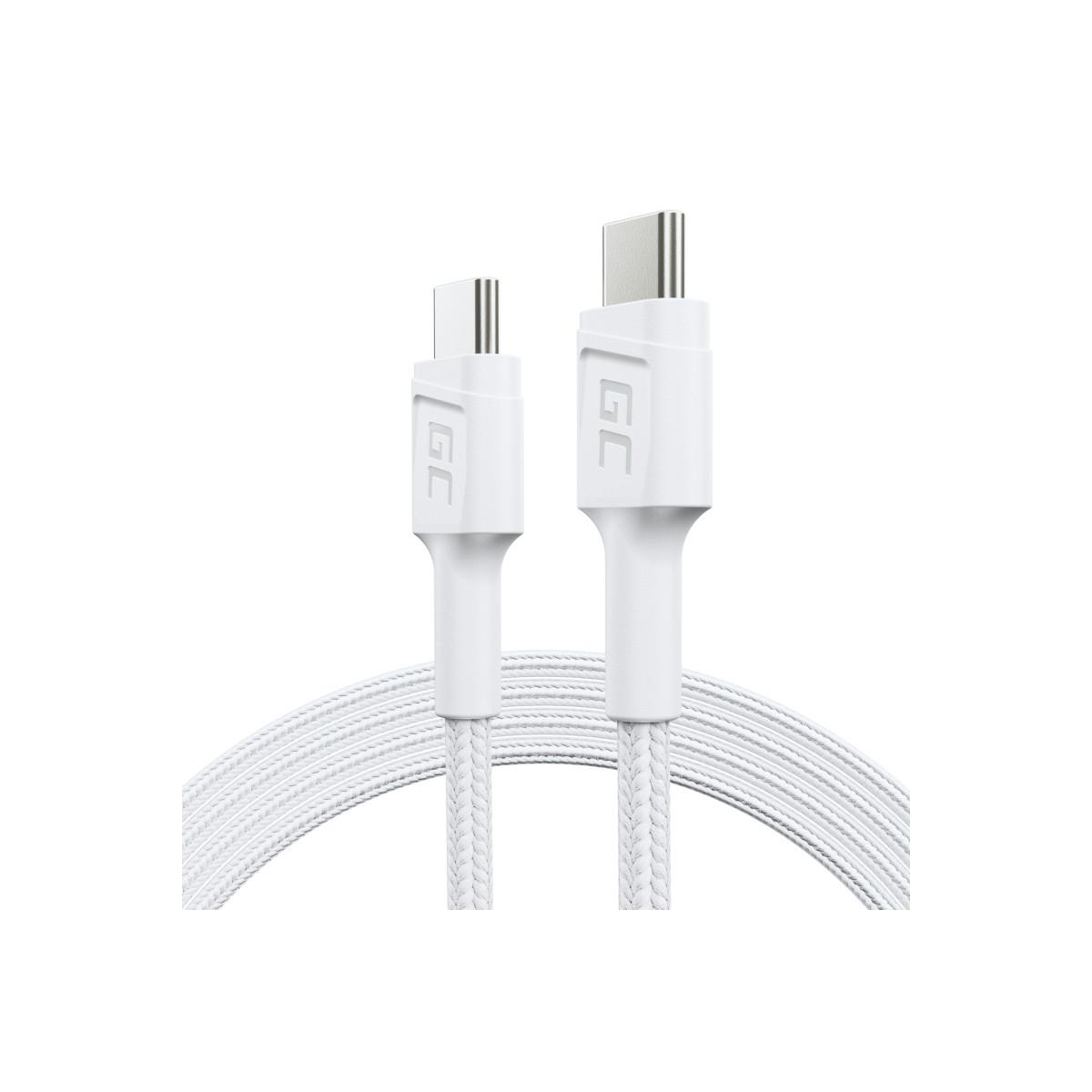 Zwei weiße USB-C-Kabel mit gewebter Ummantelung und GC-Logo.