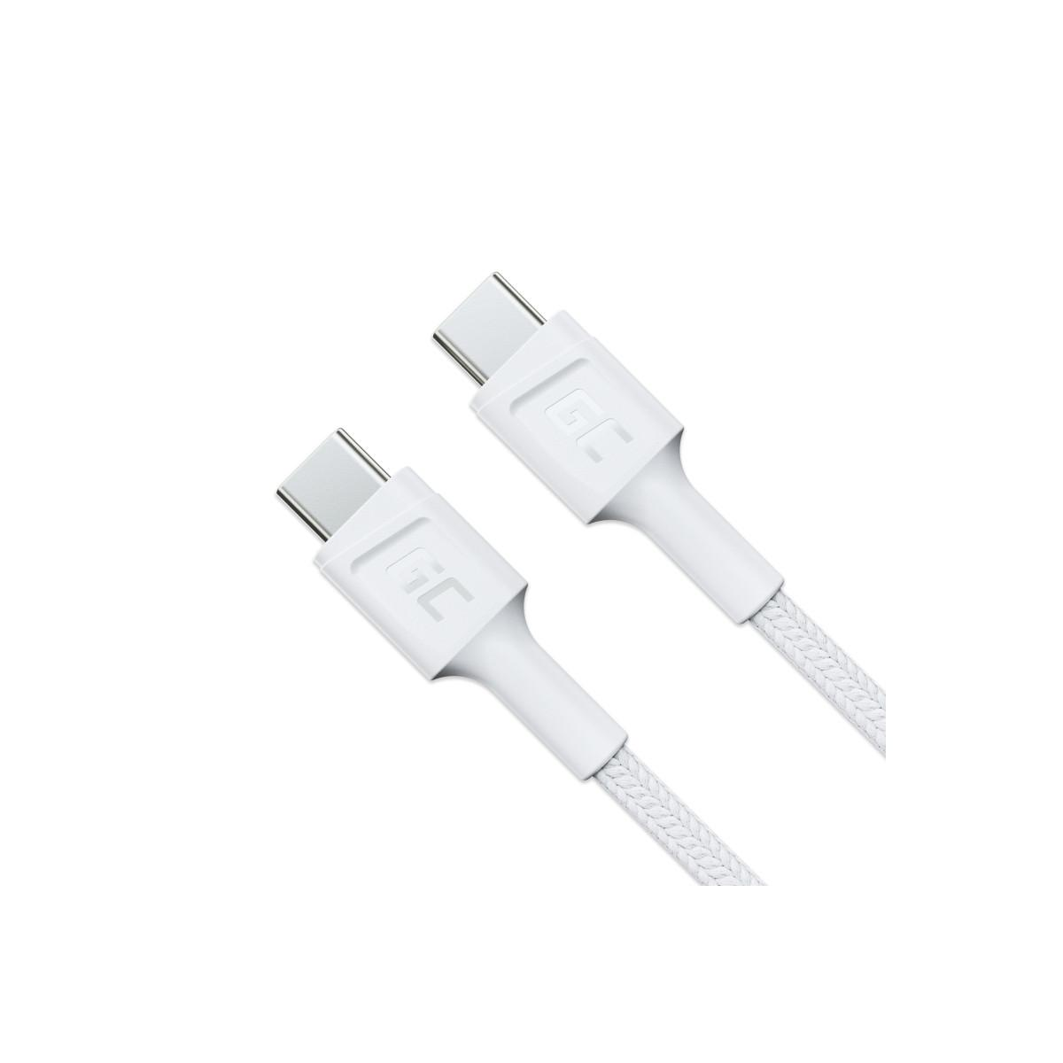 Zwei weiße USB-C-Kabel mit geflochtenem Kabel und GC-Logo.