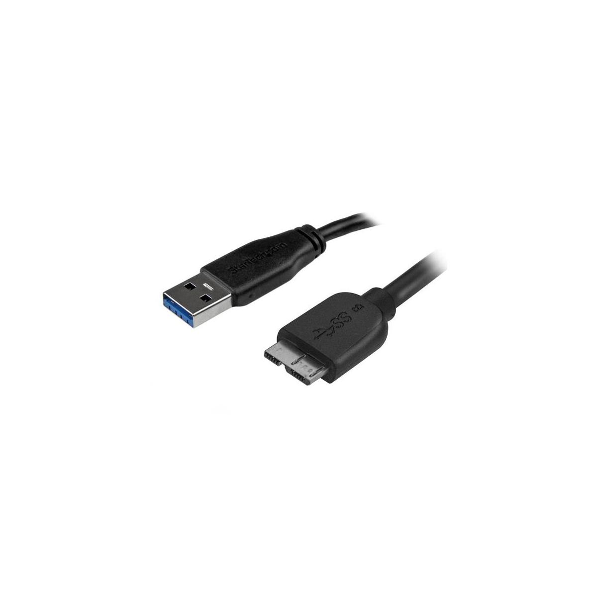 Een USB-A naar Micro-B kabel met blauwe en zwarte connectoren.