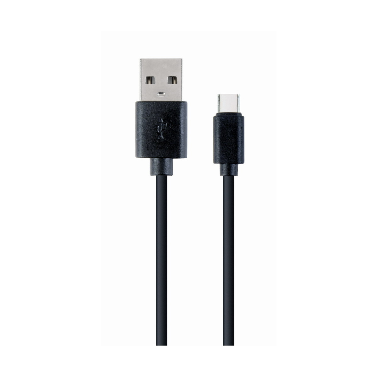 Un cavo USB-A a USB-C nero con connettori in metallo.