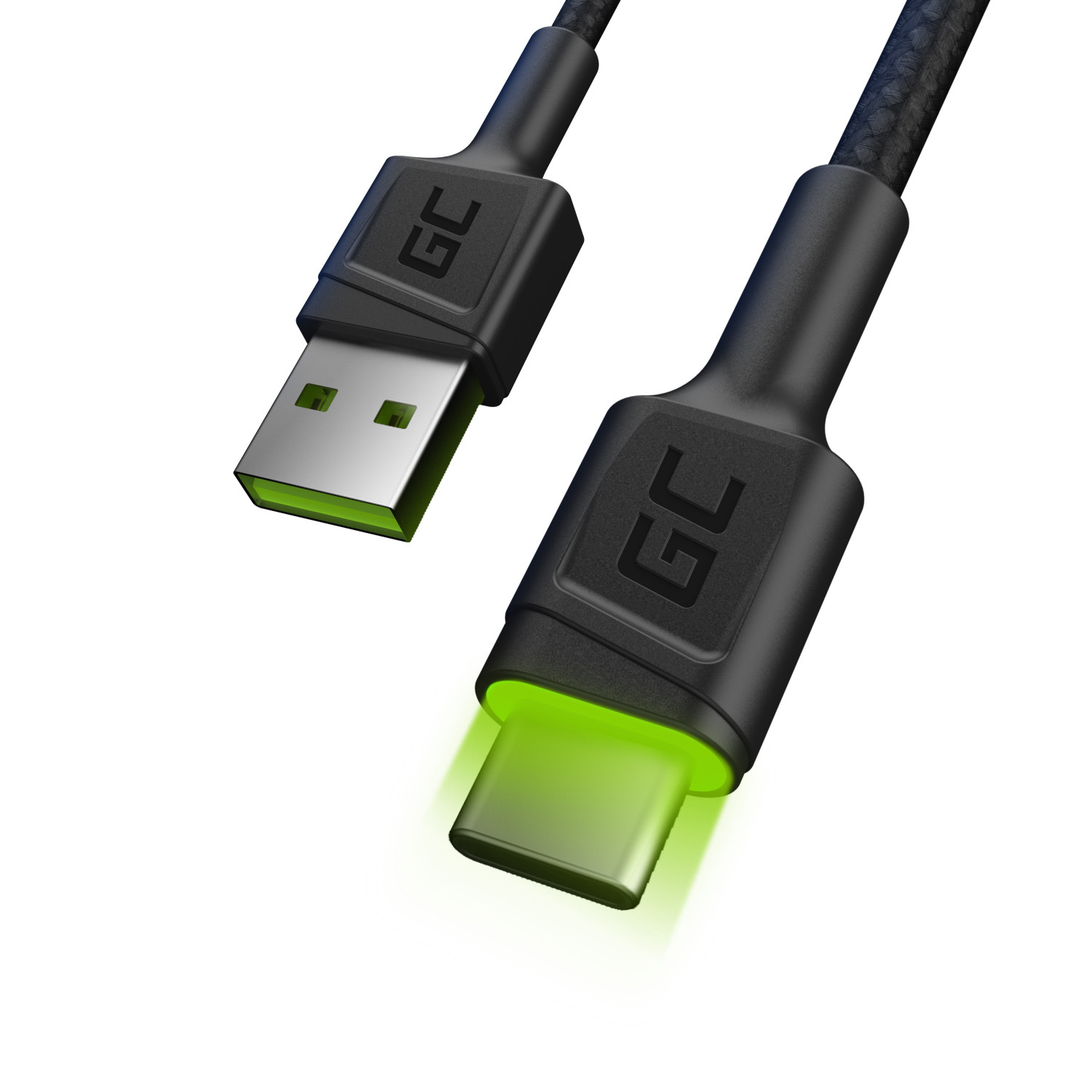 Cavo USB-A a USB-C nero con illuminazione a LED verde sui connettori.