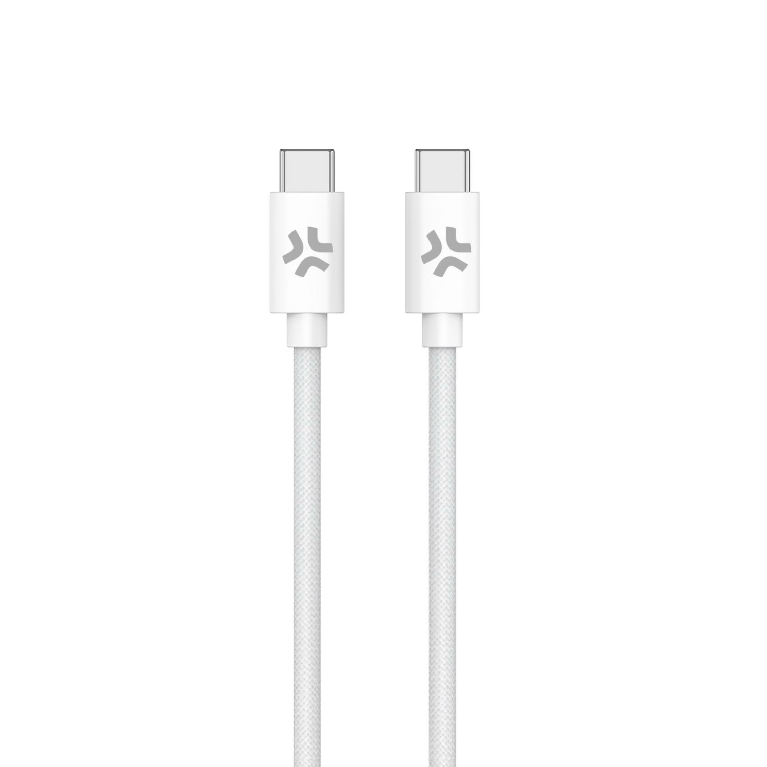 Zwei weiße USB-C-Kabel mit Logo auf weißem Hintergrund.