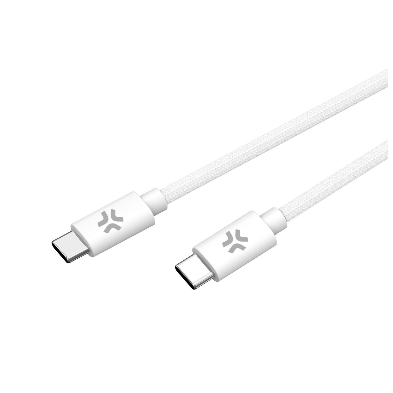 Ein weißes USB-C-Kabel mit zwei Anschlüssen und einem Logo.
