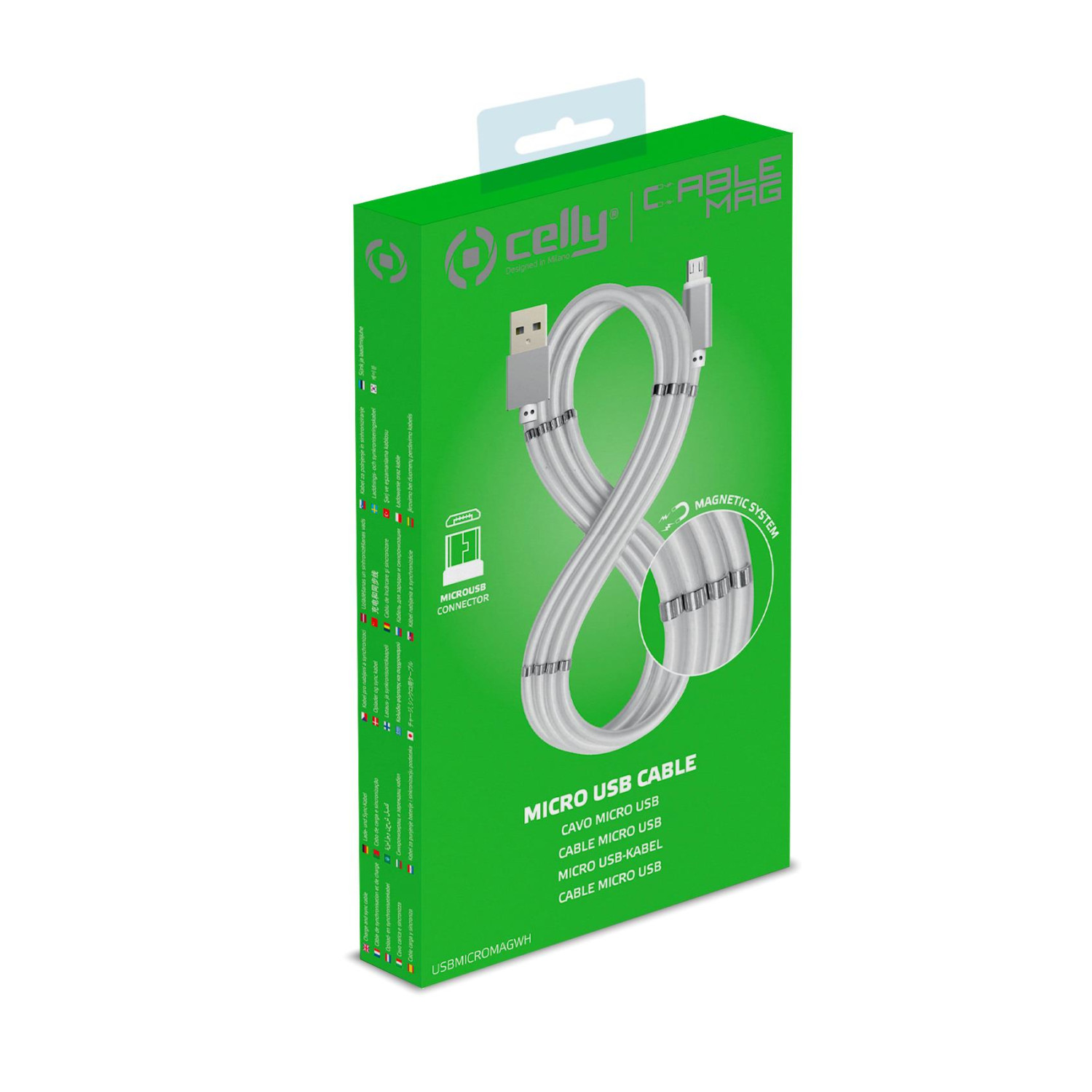 Confezione verde mostra cavo Micro USB bianco con sistema magnetico.