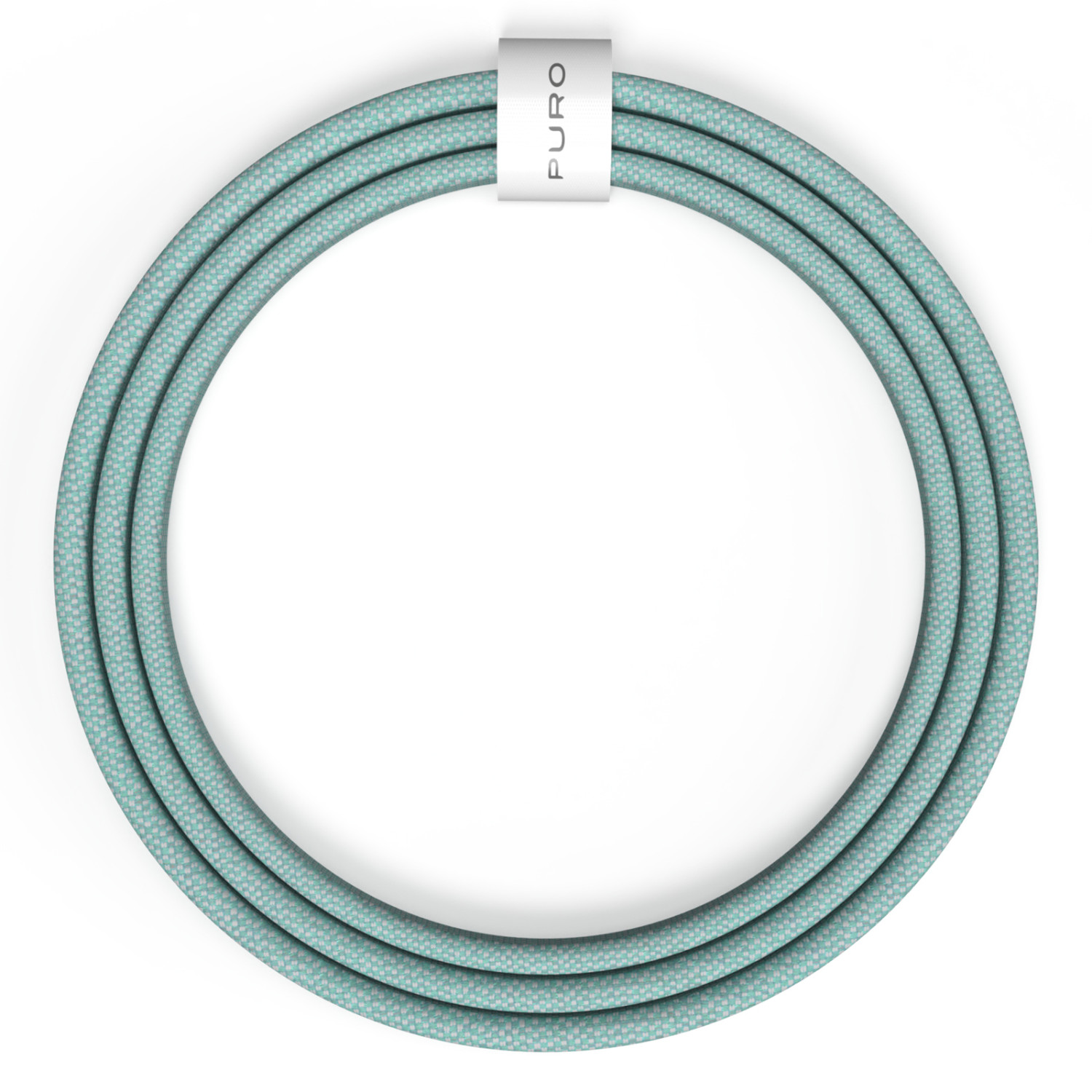 Un cavo intrecciato color ottanio a forma di anello, con etichetta bianca PURO.