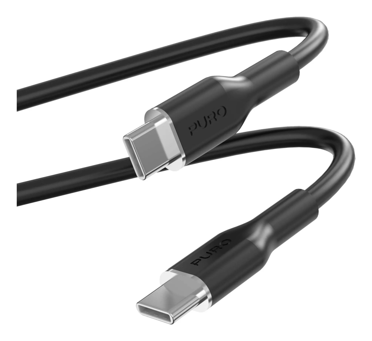 Due cavi USB-C neri con connettori argentati su sfondo bianco.