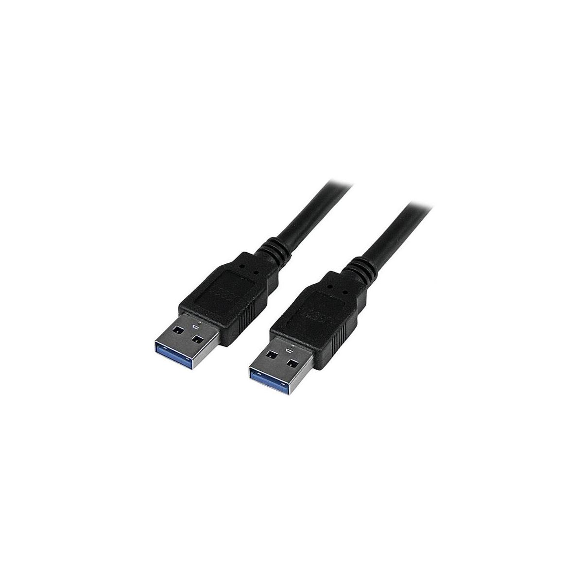 Twee zwarte USB 3.0 kabels met blauwe connectoren op witte achtergrond.