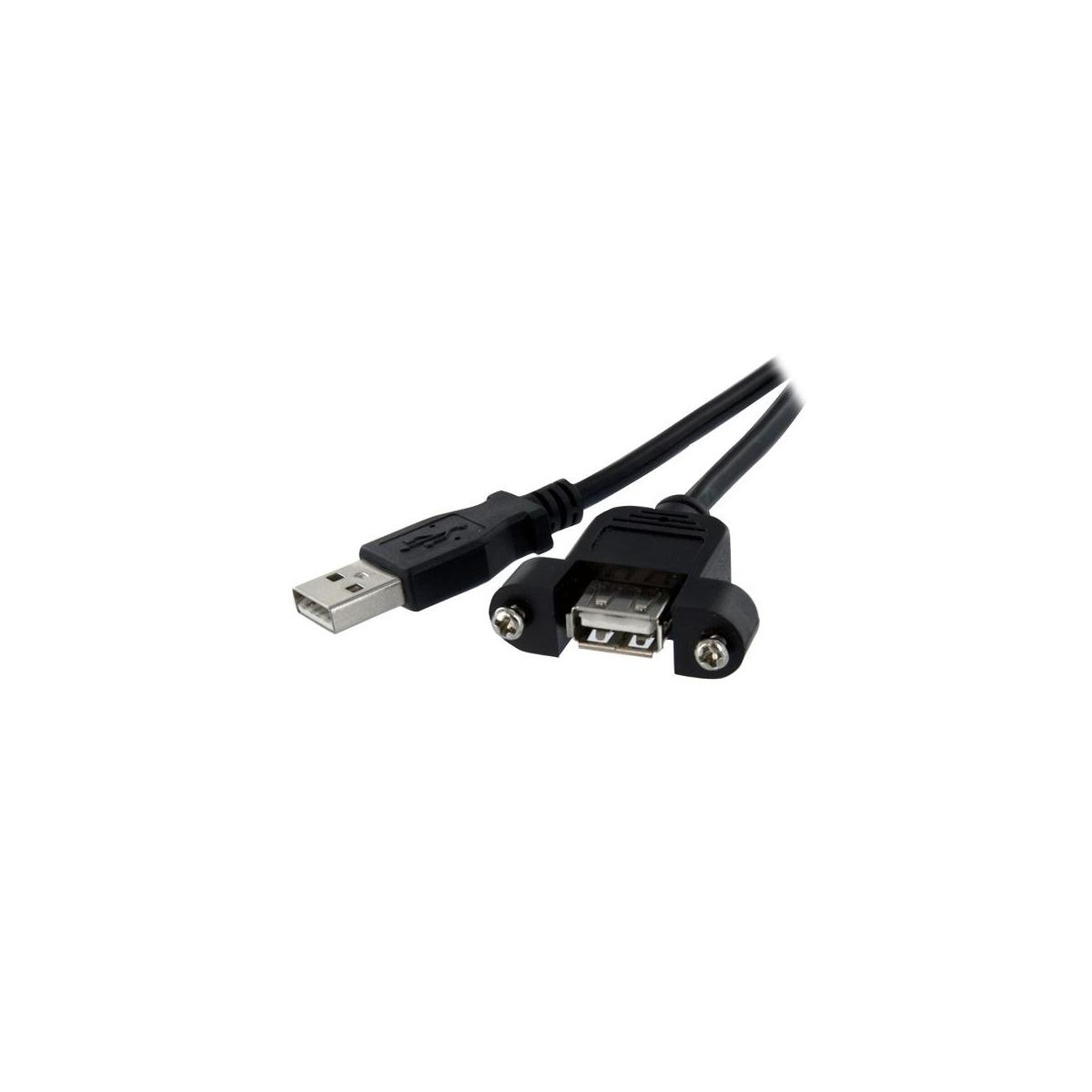 Un cable USB negro con un enchufe y un conector en fondo blanco.