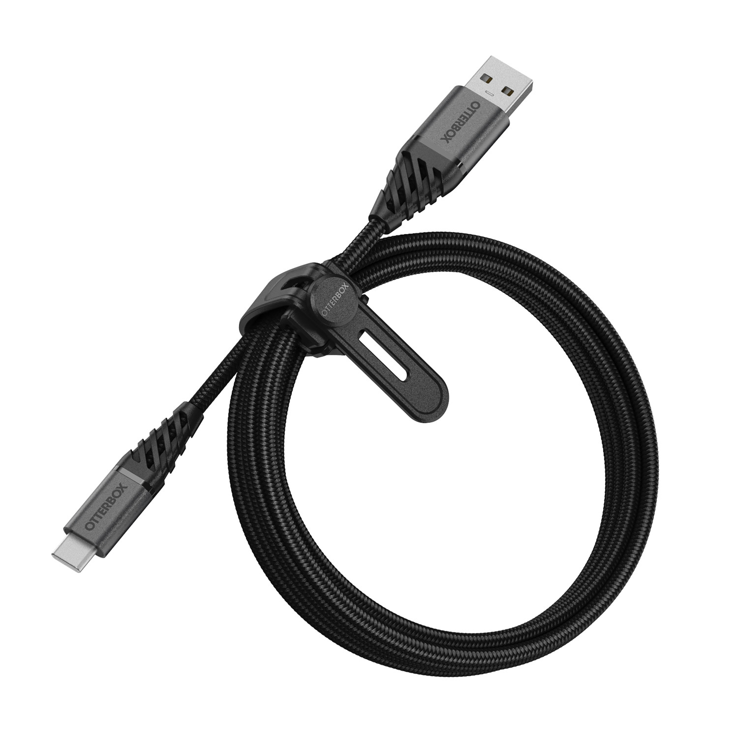 Cable negro Otterbox USB-C a USB-A con correa, sobre fondo blanco.