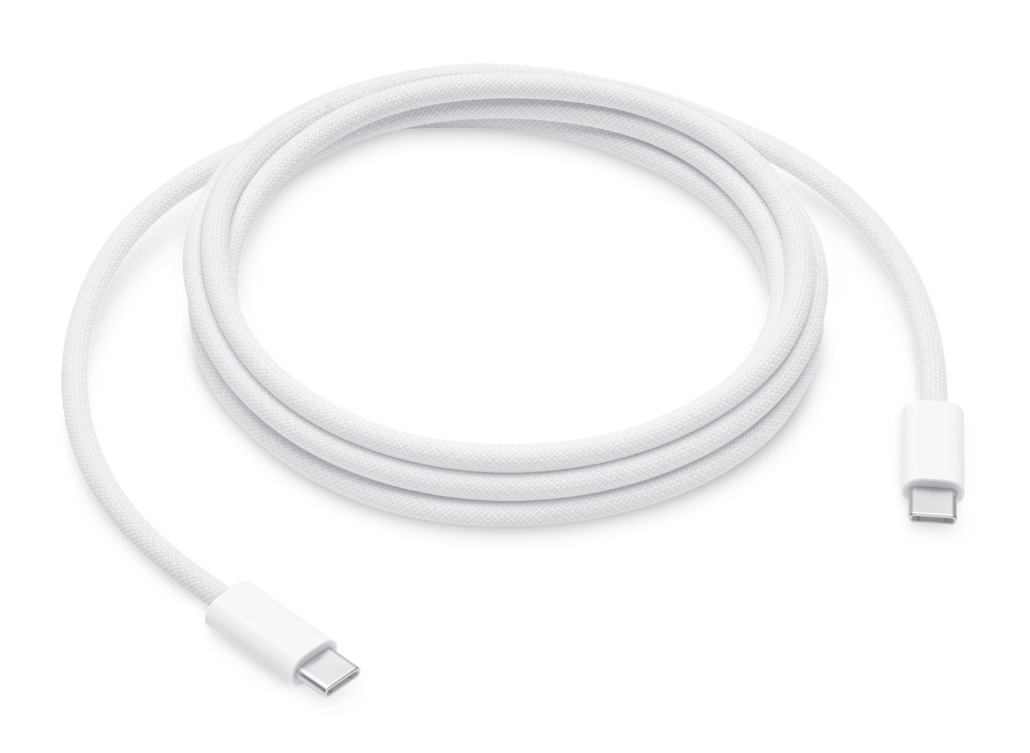 Un cavo USB-C bianco con entrambe le estremità visibili, su sfondo bianco.