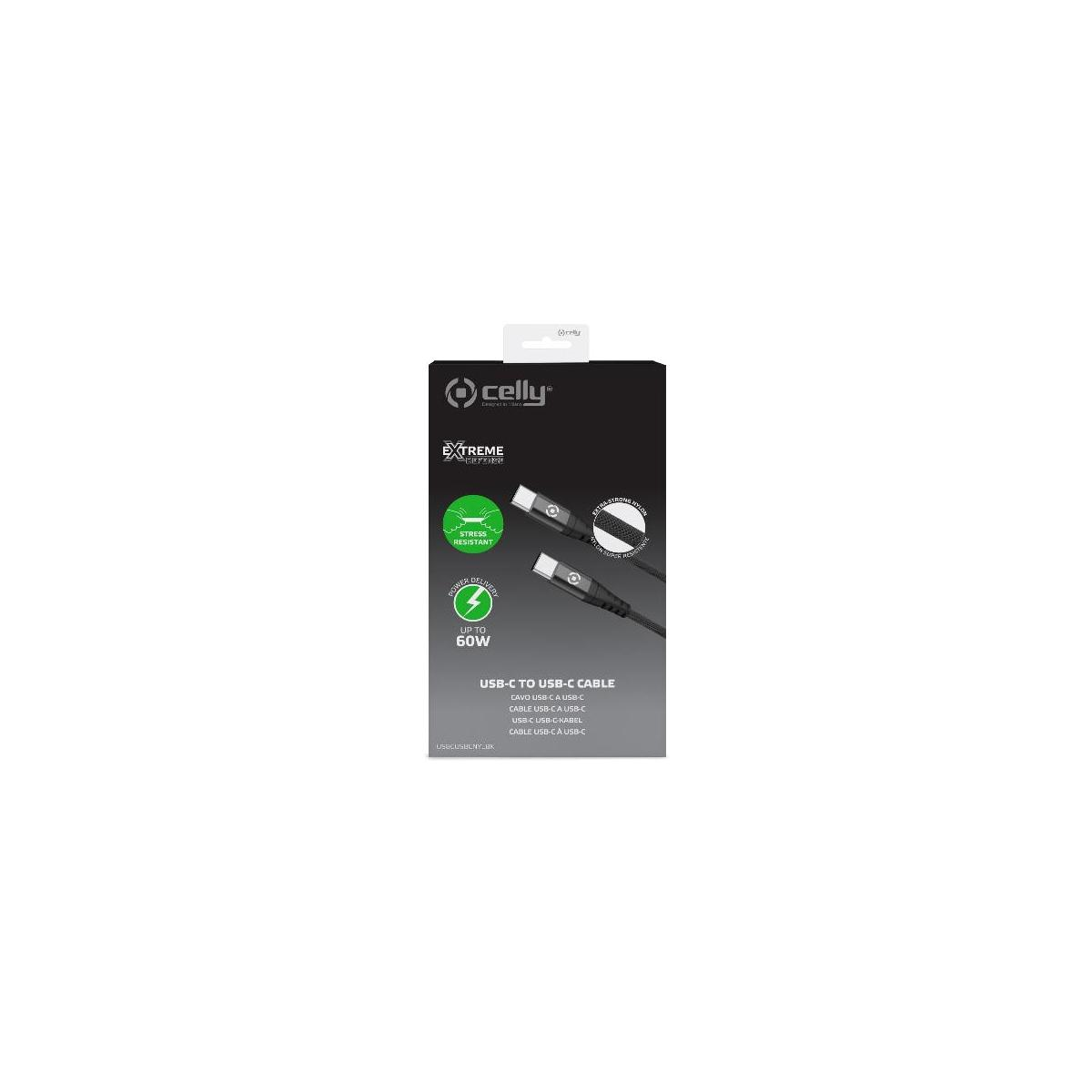 Celly USB-C kablosu 60W'a kadar güç, strese dayanıklı.