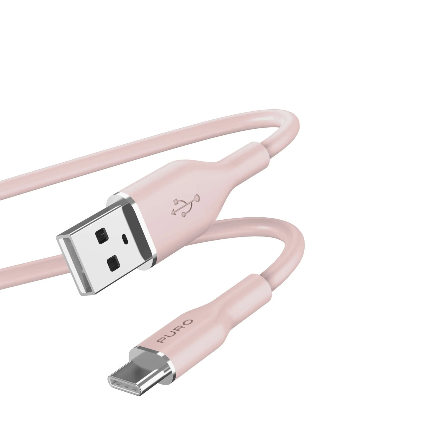 A pink USB-A to USB-C cable with silver connectors, set against a white background.