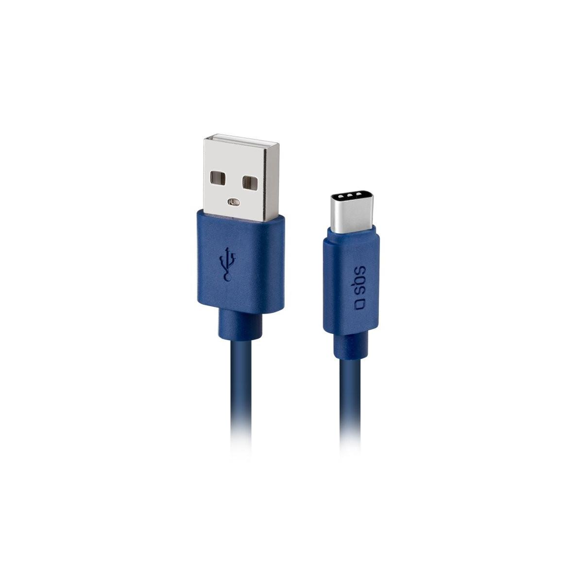 Un cavo USB-A a USB-C blu con logo SBS.