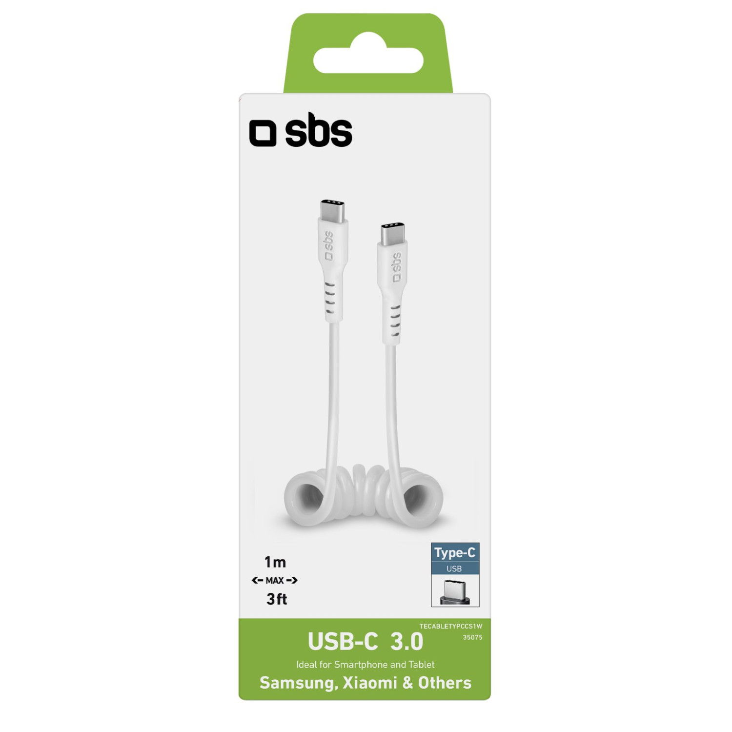 Embalaje con cable de carga USB-C blanco, 1m/3ft de largo, ideal para smartphones.
