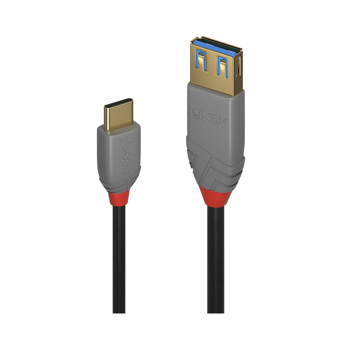 A USB-C connector and a USB-A connector with gray housings.