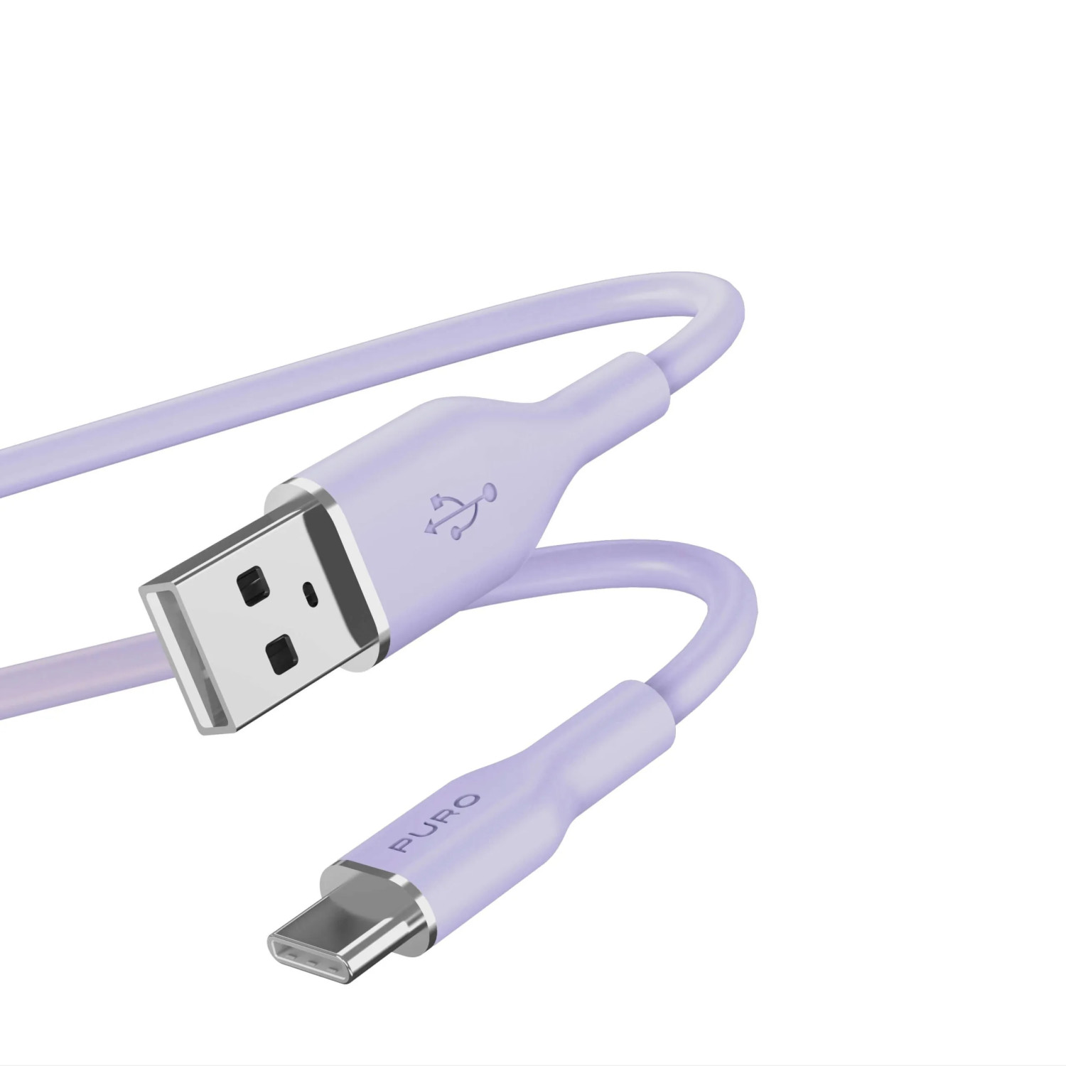 A light purple USB-C and USB-A cable with silver connectors.