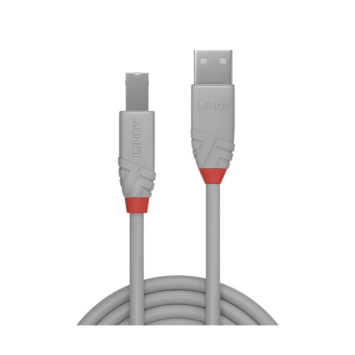 Grijze LINDY USB-kabel met rode accenten en twee verschillende connectoren.