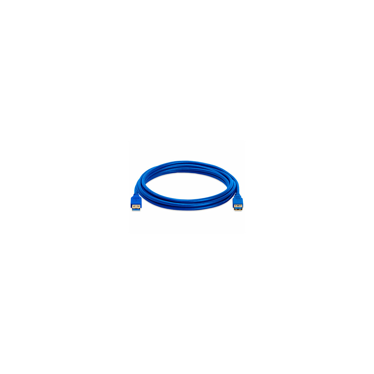 Un cavo USB blu con entrambi i connettori visibili, su sfondo bianco.