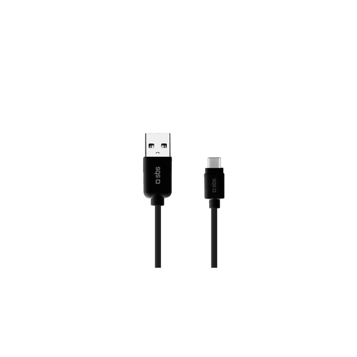 Un cavo USB-C a USB-A nero con logo SBS.