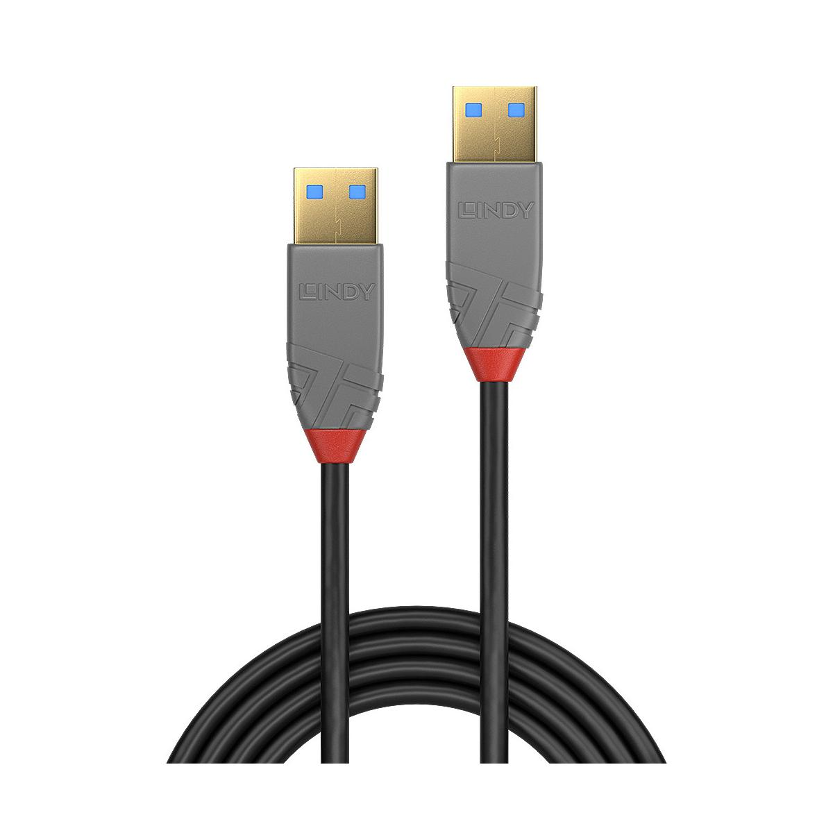 Deux câbles USB Lindy gris avec accents rouges et connecteurs dorés.