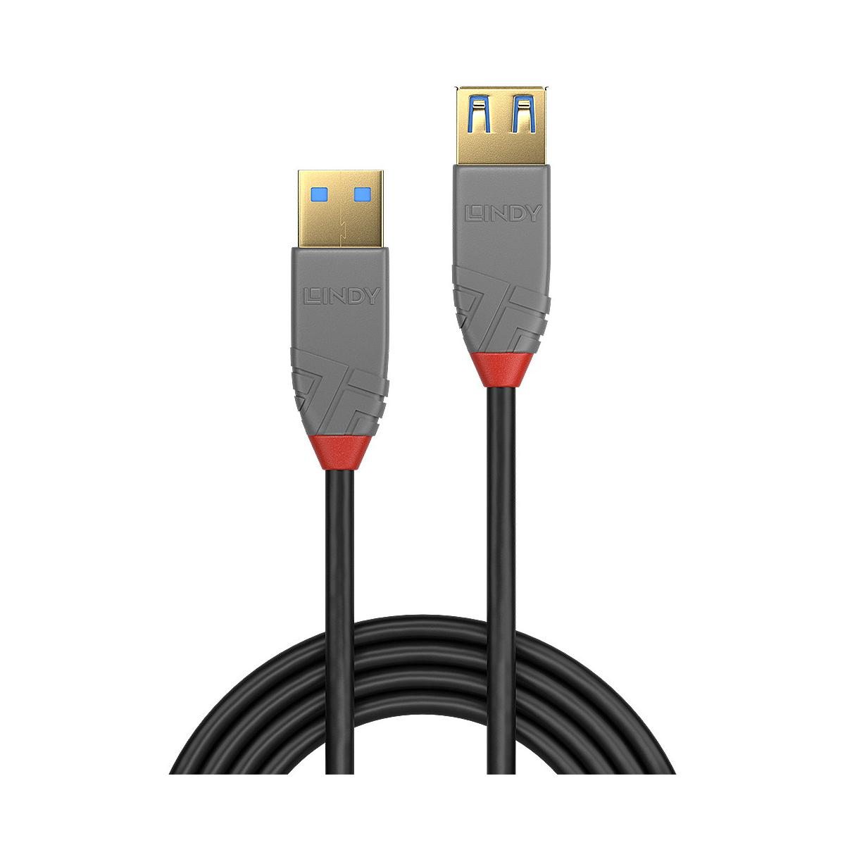 Twee zwarte Lindy USB-kabels met gouden connectoren en grijs/rode behuizingen.