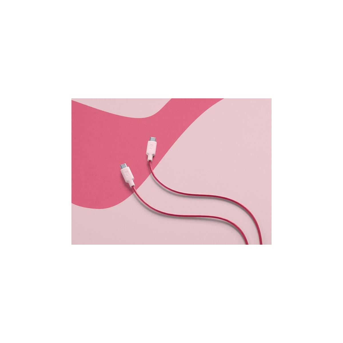 Dos cables USB-C rojos con conectores blancos yacen sobre un fondo rosa.