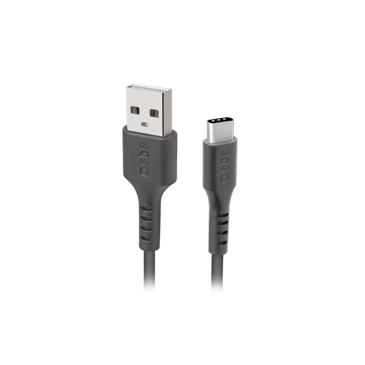 Sono mostrati due cavi USB grigio scuro. Uno ha un connettore USB-A, l'altro un connettore USB-C.