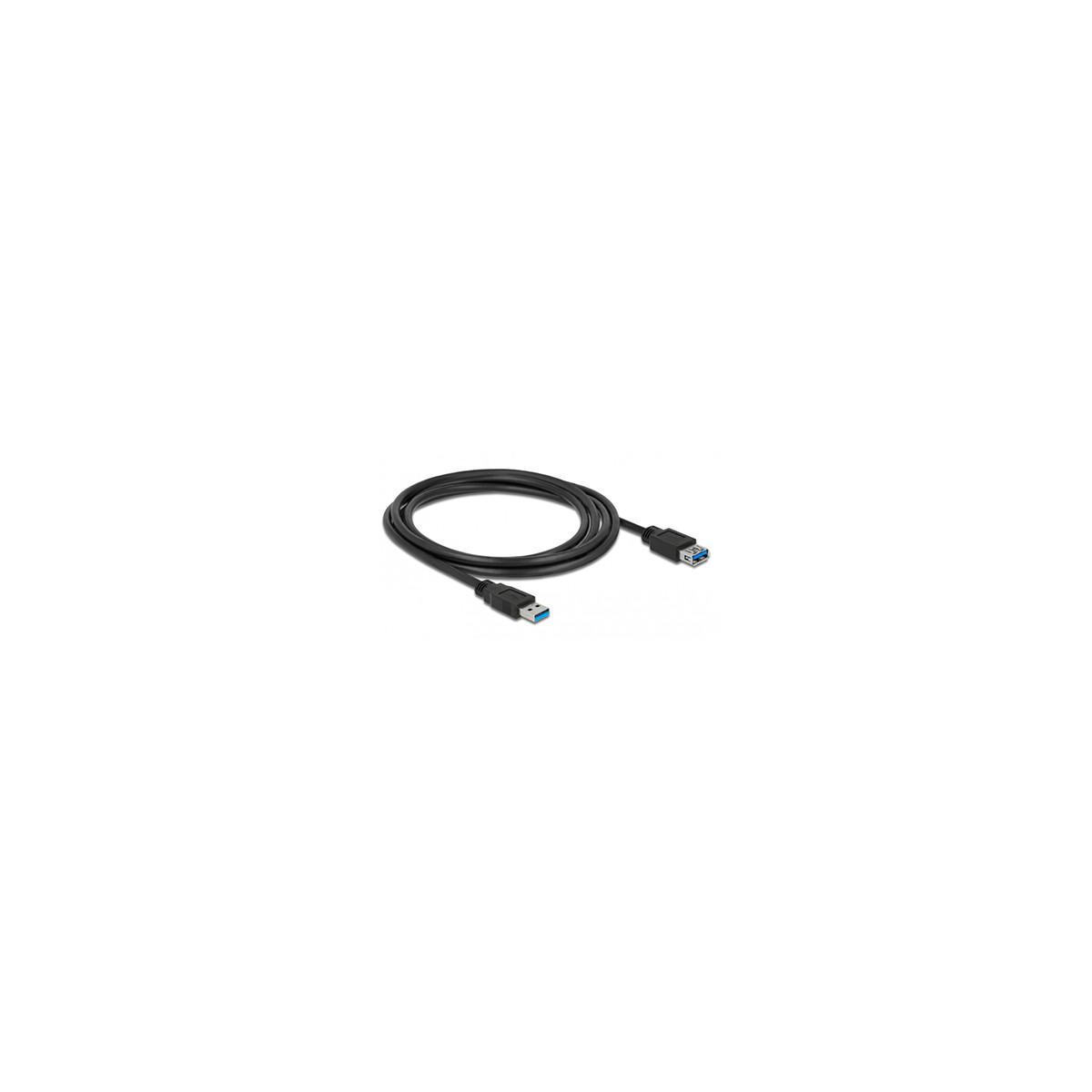 Un cavo USB nero con connettori blu giace su uno sfondo bianco.