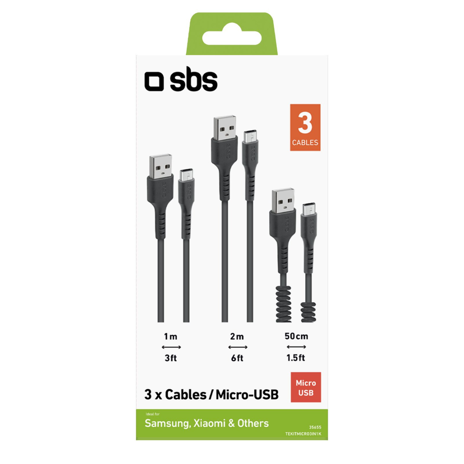 Verpackung für 3 SBS Micro-USB-Kabel in verschiedenen Längen.
