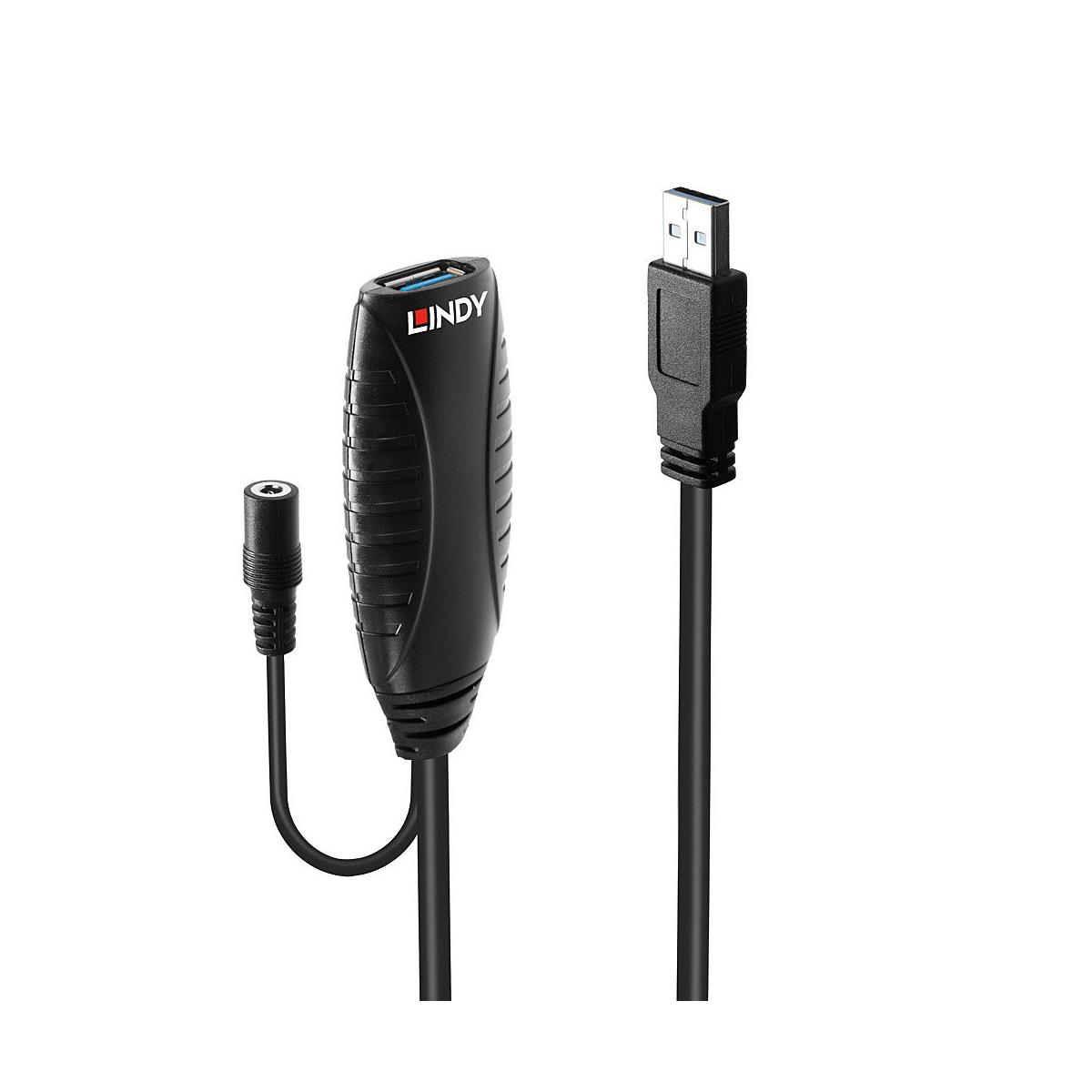 Adaptador USB negro con logo Lindy y un enchufe pequeño adicional.