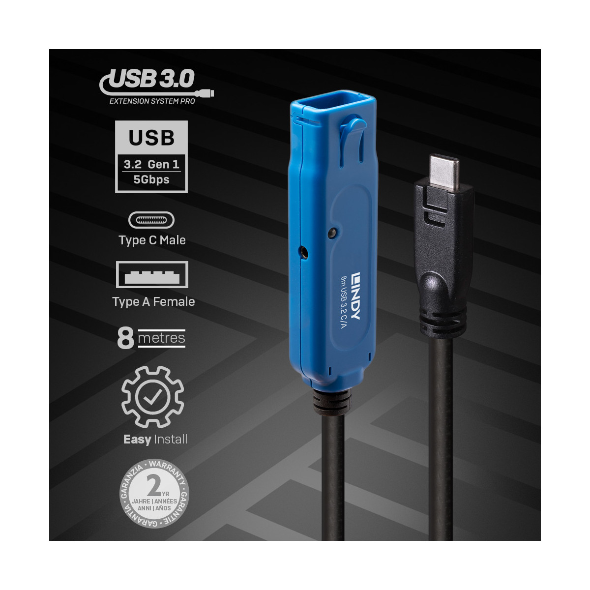 Blue USB 3.0 extension cable with Type-C male and Type-A female connectors.