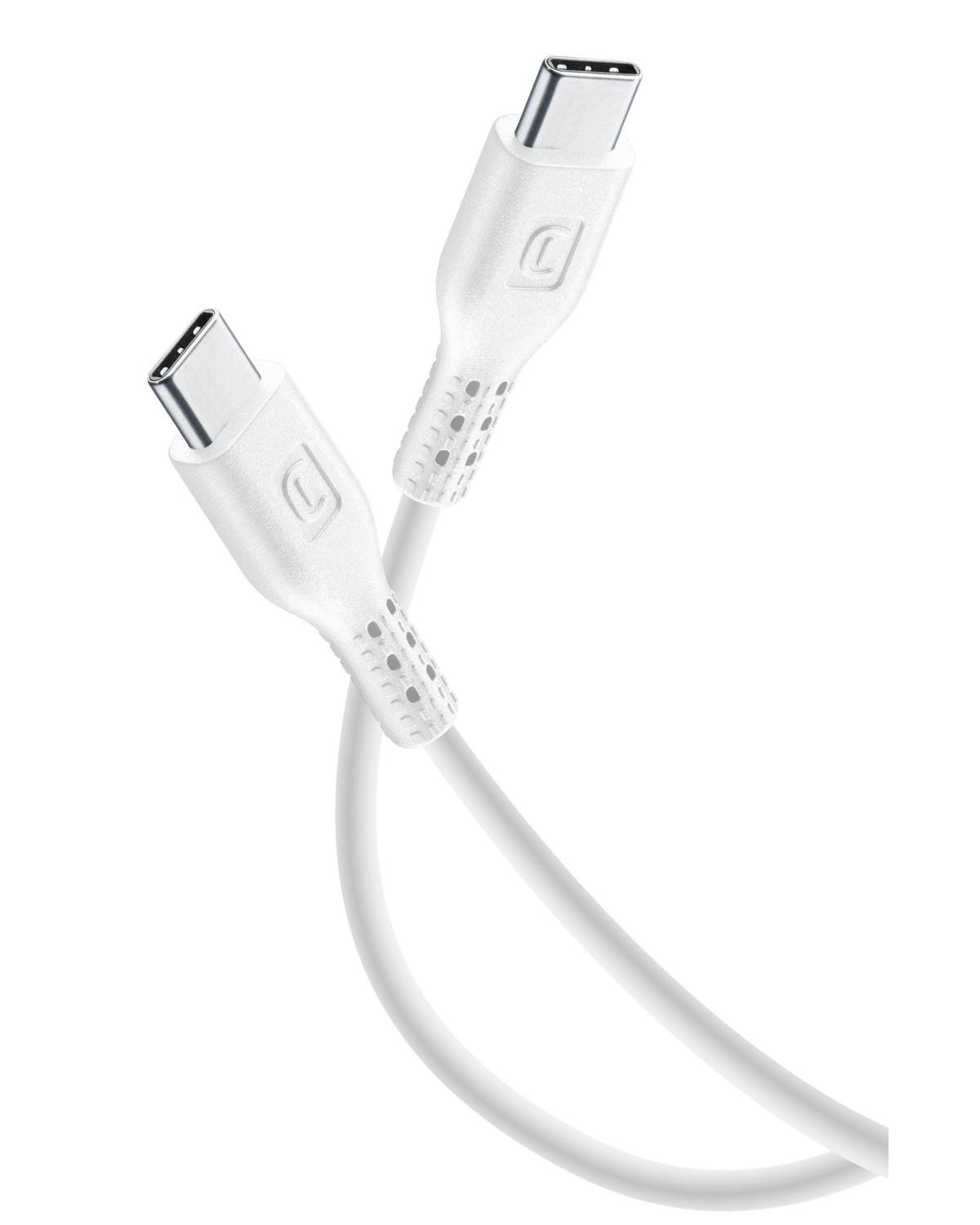 Dos cables USB-C blancos con conectores plateados yacen uno al lado del otro.