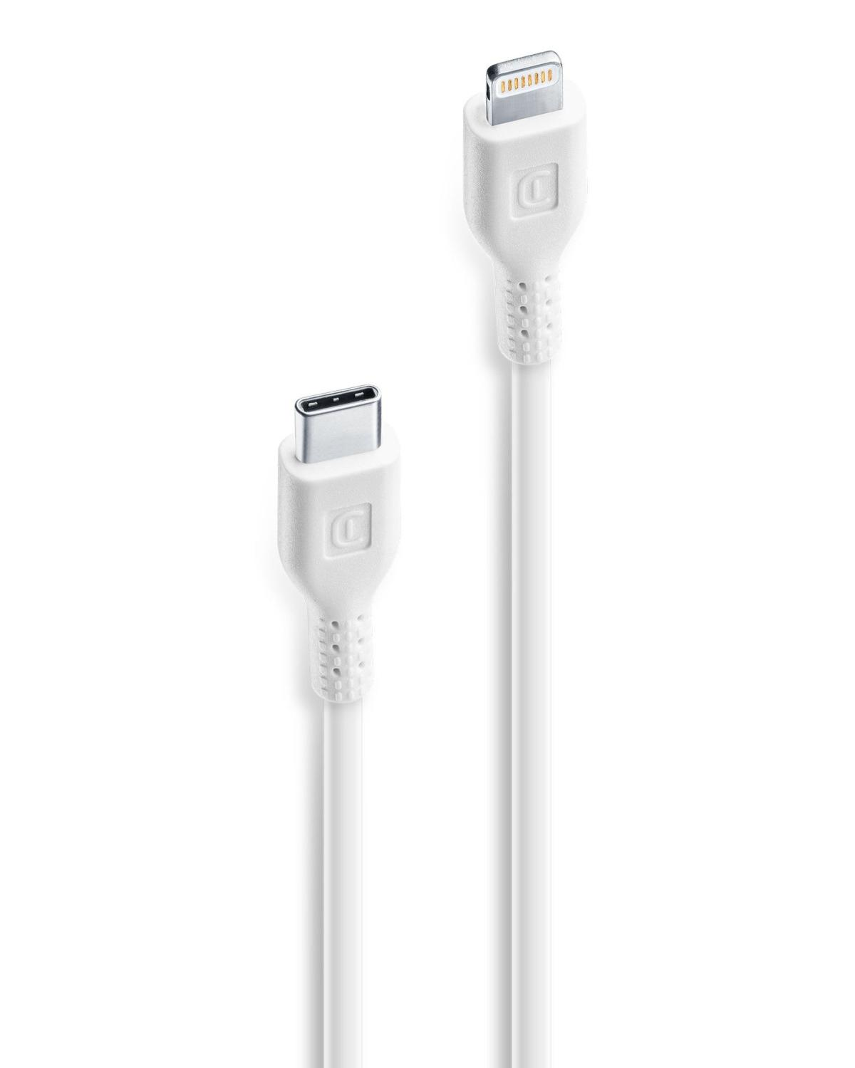 Dos cables de carga blancos, uno USB-C y uno Lightning, sobre fondo blanco.