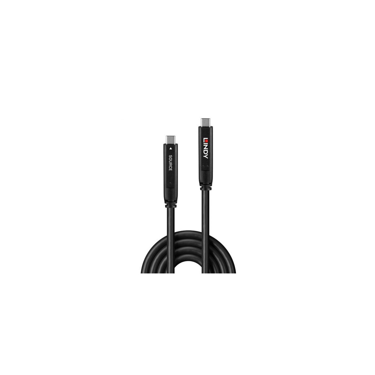 Ein schwarzes USB-C-Kabel mit zwei Anschlüssen und dem LINDY-Logo.