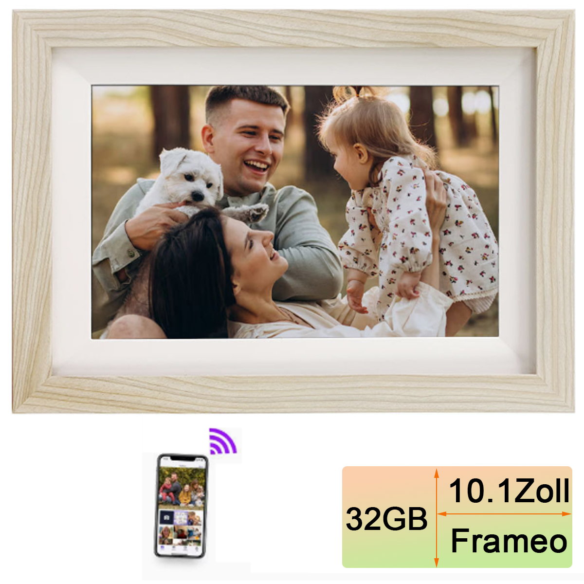 Digitaler Bilderrahmen mit Familie, Hund, Handy und Spezifikationen.