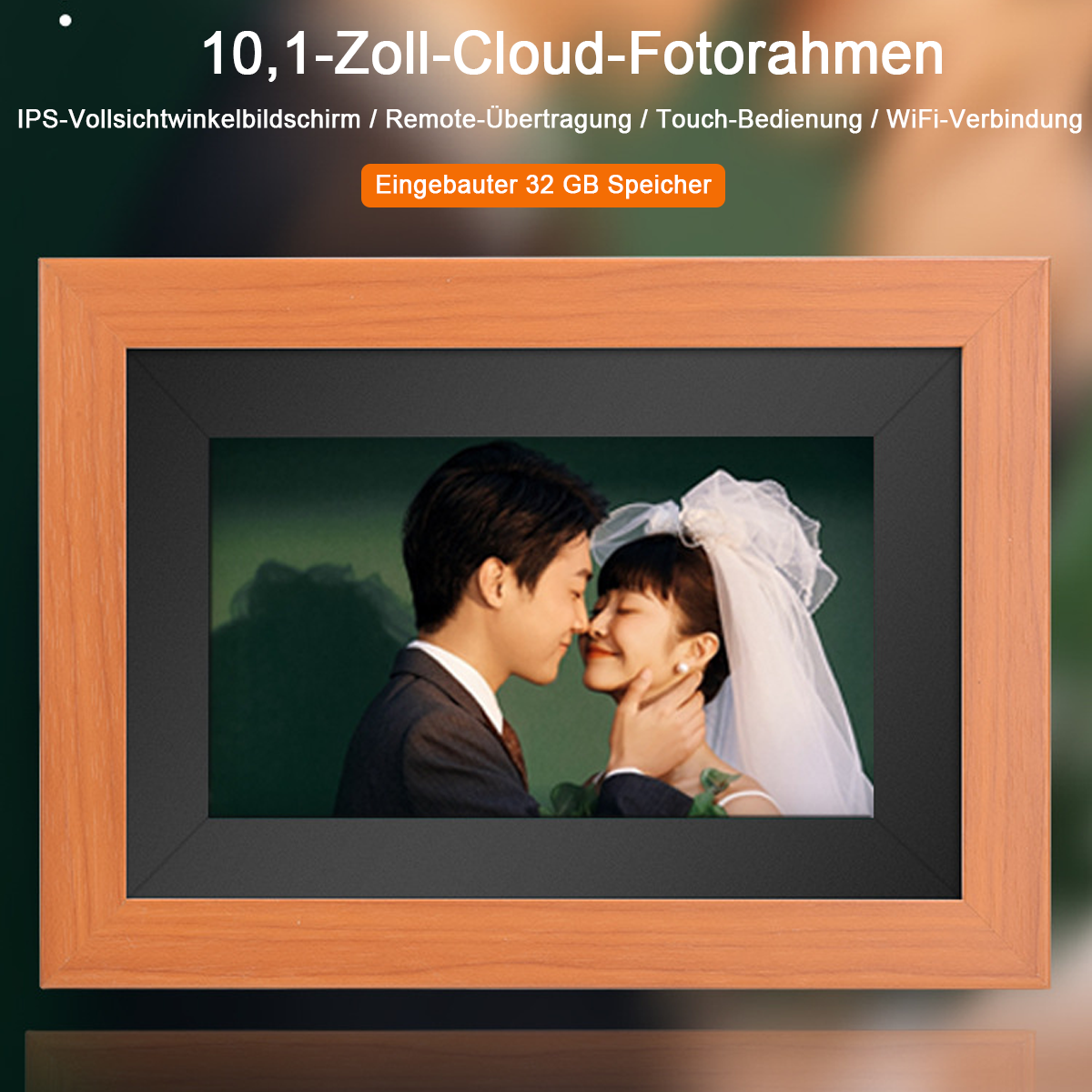 Ein Mann und eine Frau küssen sich in einem Fotorahmen mit Holzrahmen.