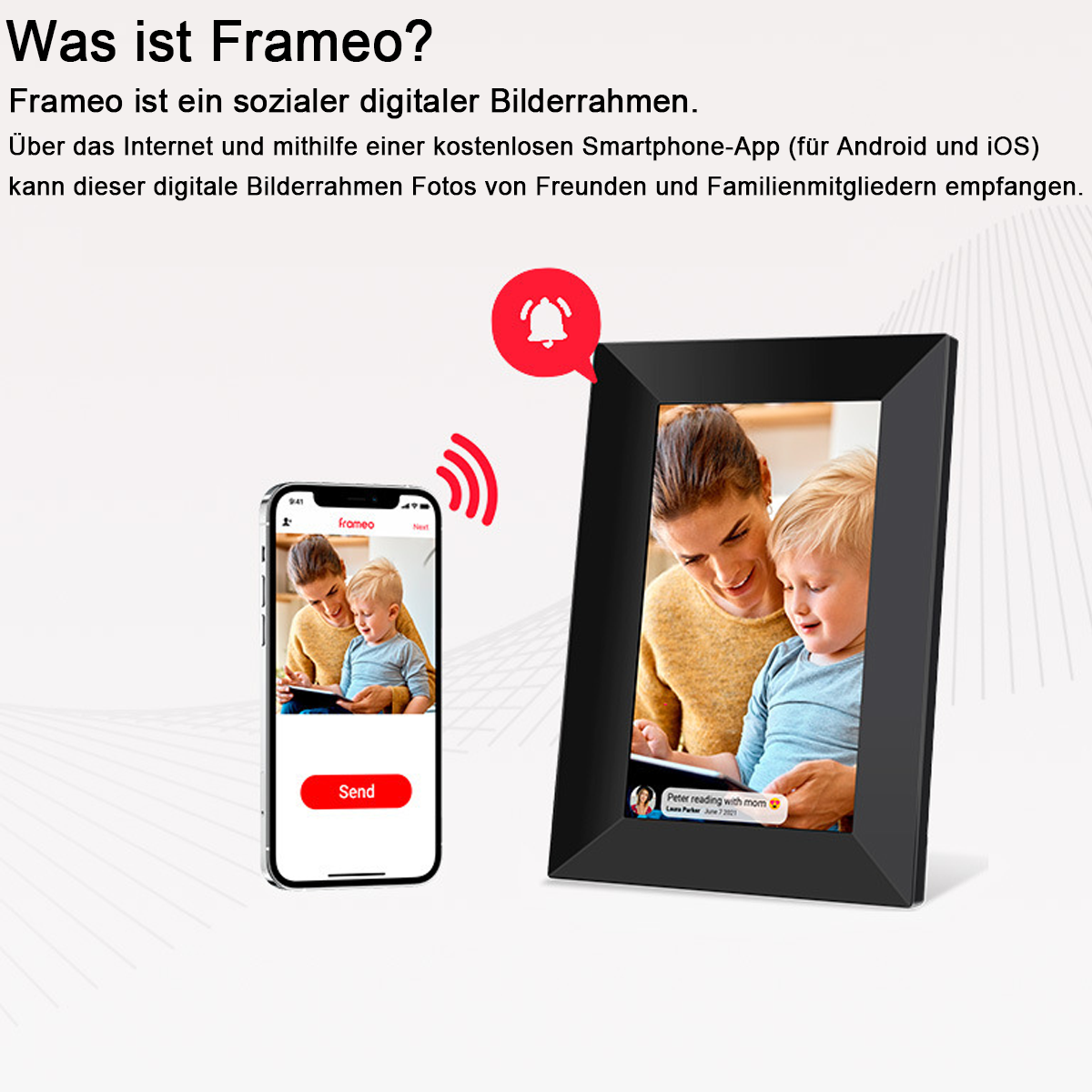 Ein Smartphone zeigt ein Foto einer Frau und eines Kindes. Ein Bilderrahmen zeigt dasselbe Foto.