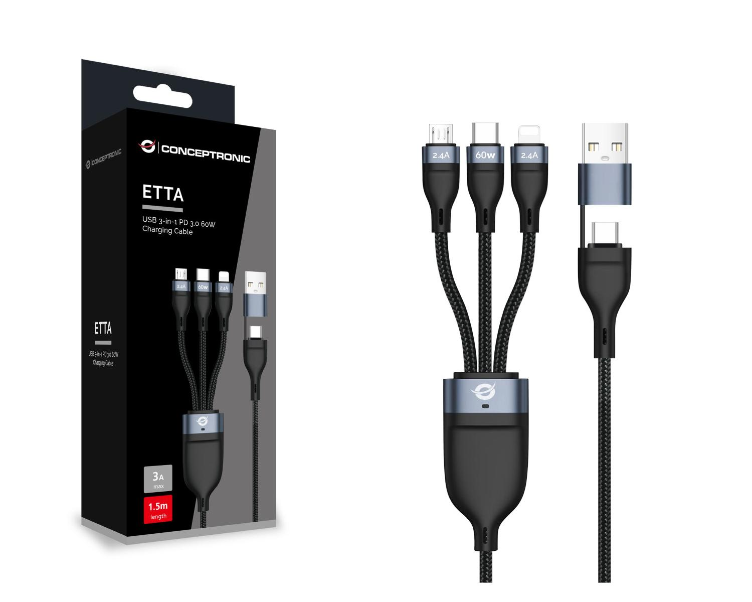 Un câble de chargement noir avec connecteurs USB-C, Lightning et Micro-USB.