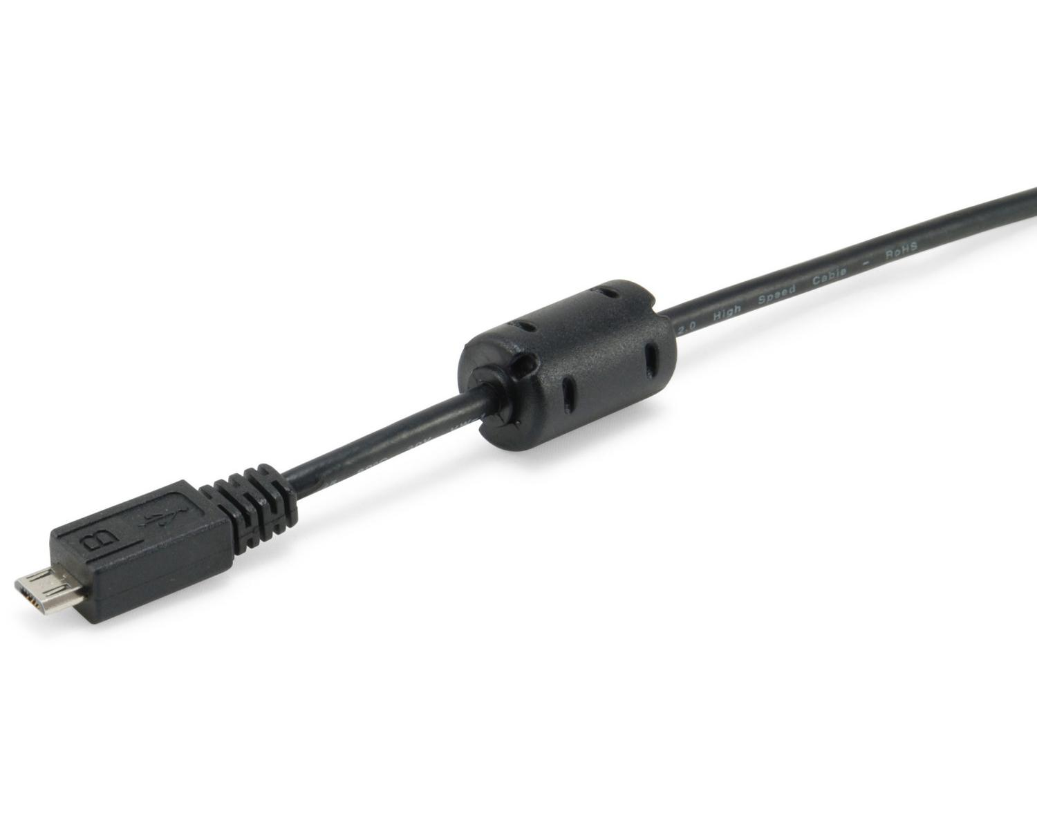 Un câble USB noir avec connecteur micro-USB et perle de ferrite.