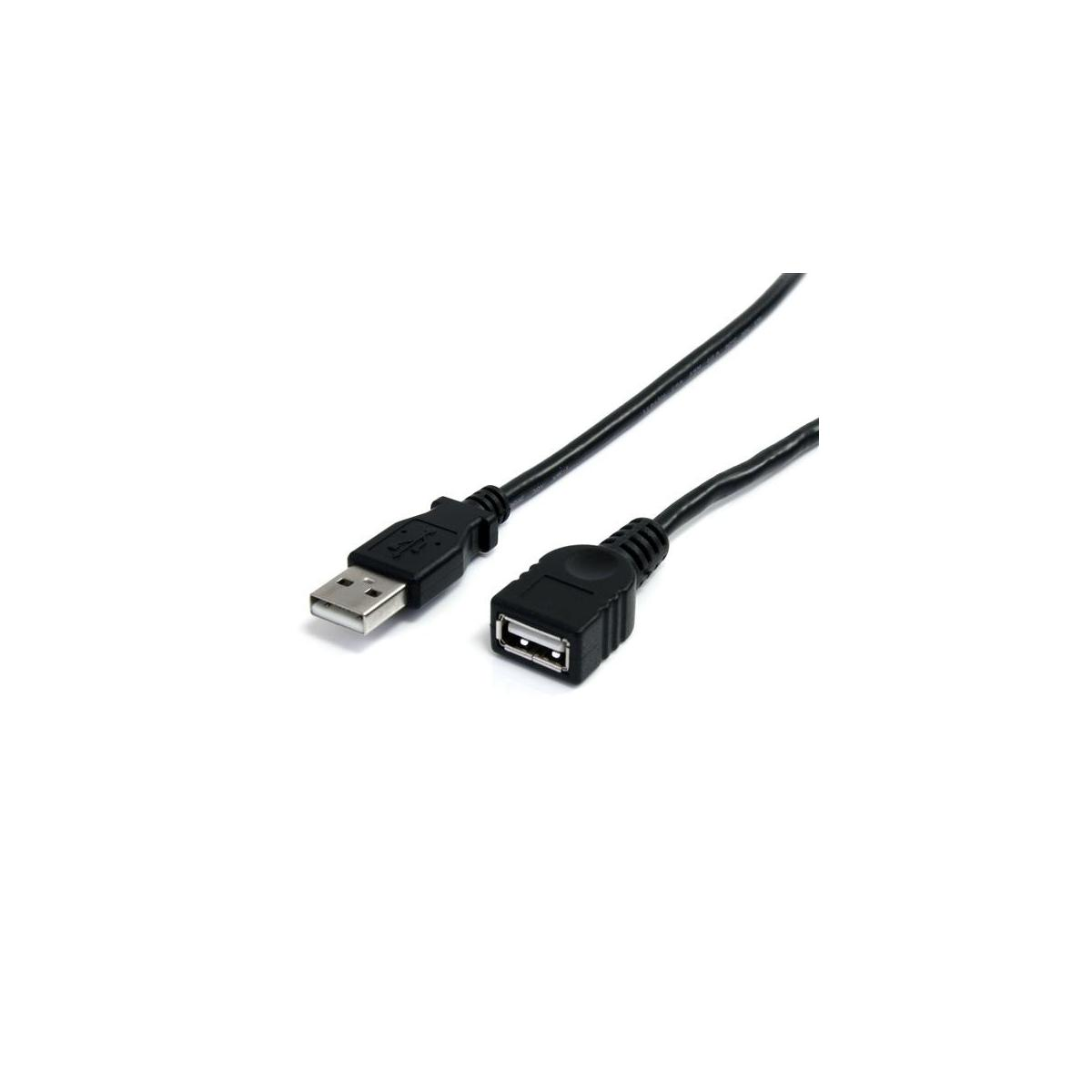 Zwarte USB-verlengkabel met mannelijke en vrouwelijke connectoren.