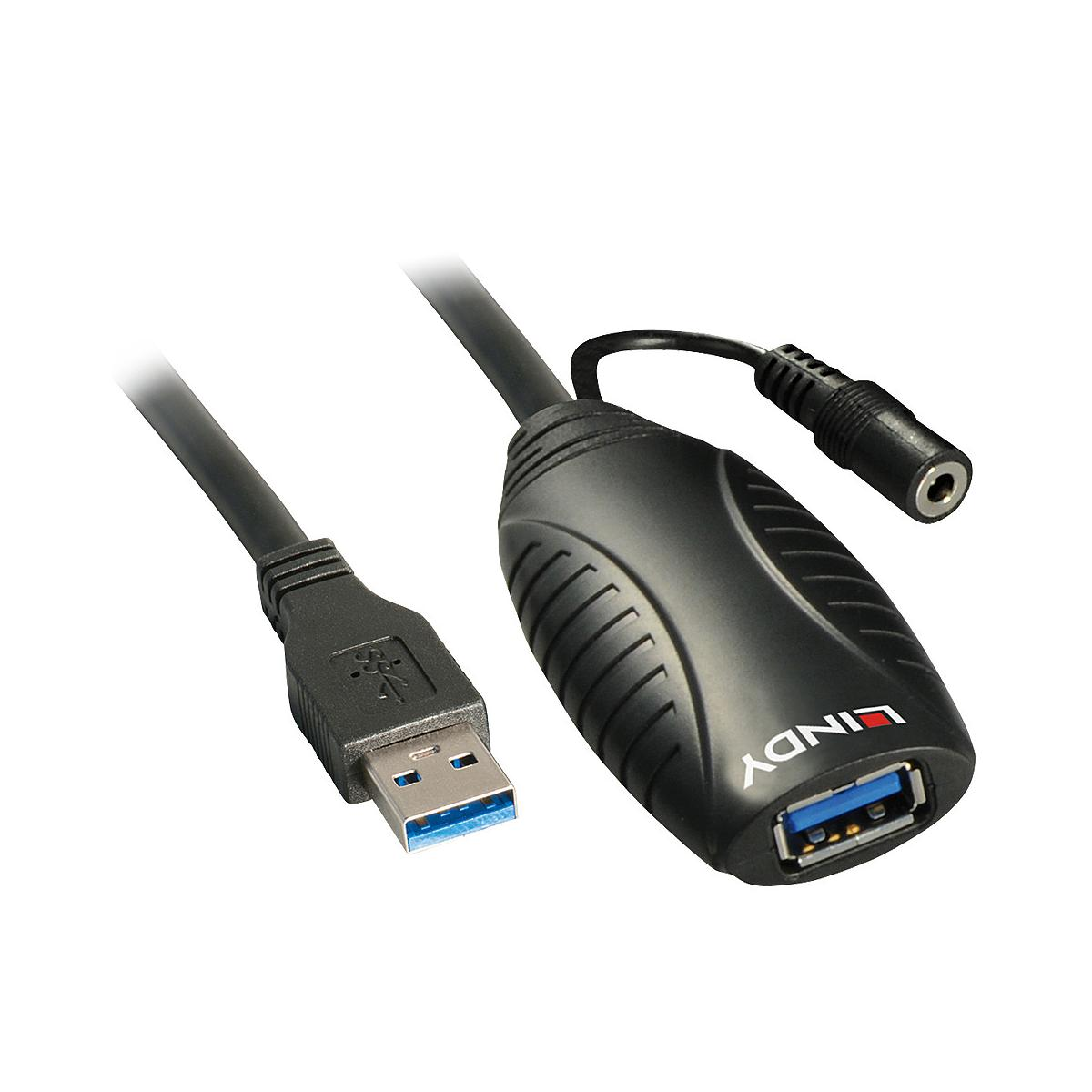 Adattatore di estensione USB 3.0 nero con porta blu e connettore di alimentazione.
