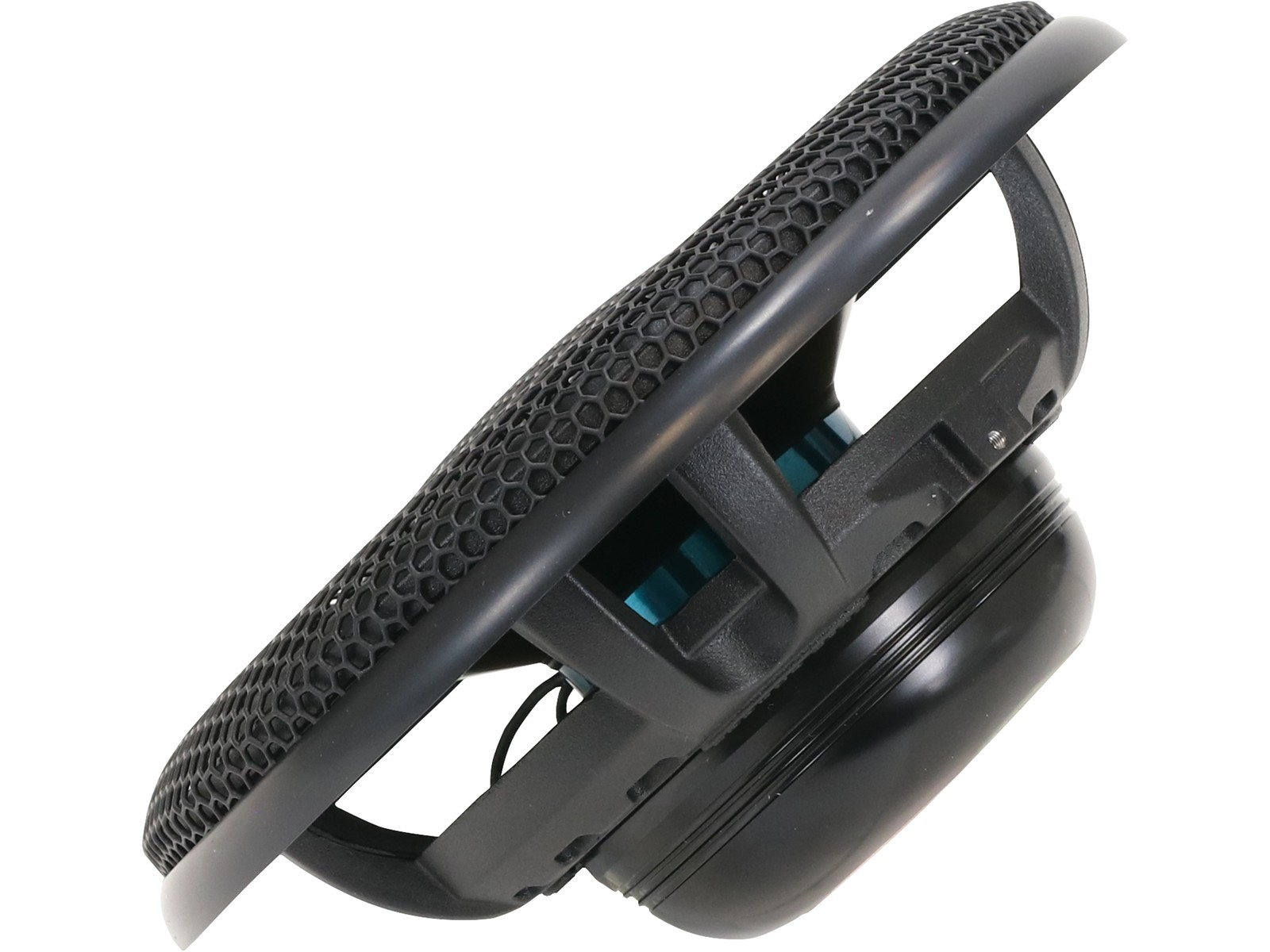 Ein schwarzer Subwoofer mit wabenförmiger Abdeckung und blauen Akzenten.