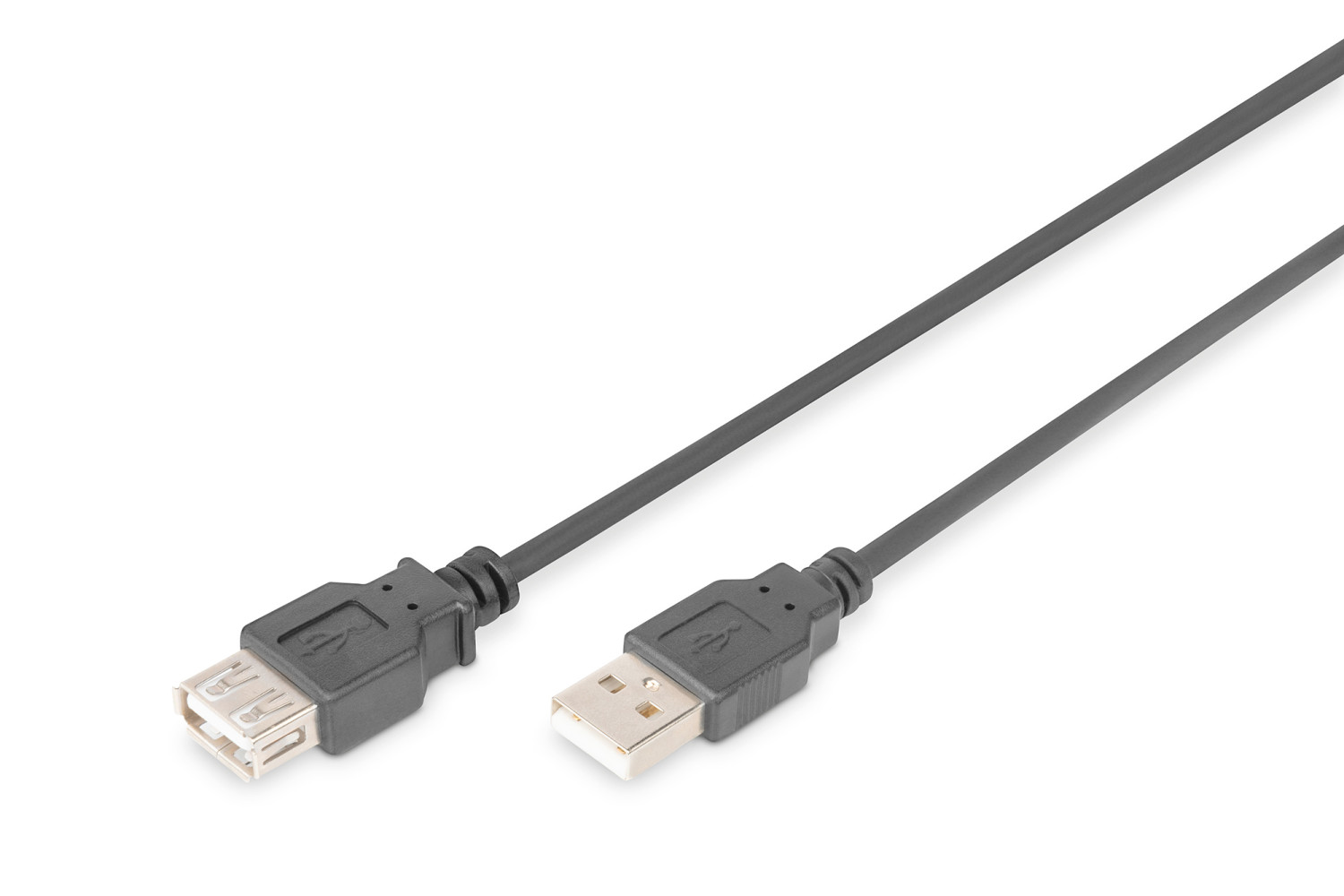 Ein schwarzes USB-Kabel mit einem weiblichen und einem männlichen Anschluss.