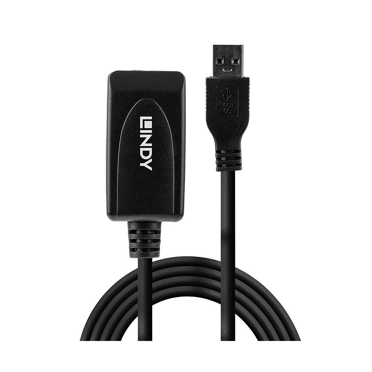 Cable de extensión USB Lindy negro con conector macho USB-A y hembra USB-A.
